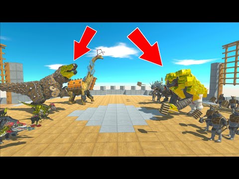 Cyber Jaw Trex vs Gold Cyber King Kong With Army on Arena in Animal Revolt Battle Simulator