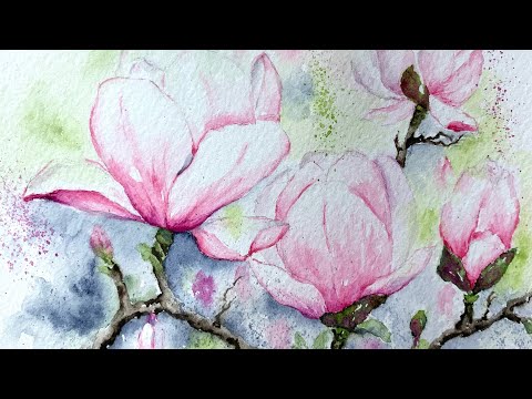 Watercolor magnolia paint along tutorial demo
