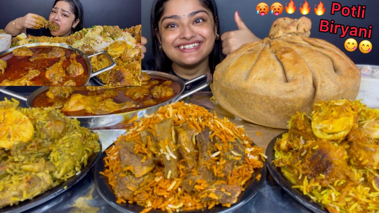 CHICKEN POTLI DUM BIRYANI, MUTTON BIRYANI, CHICKEN HYDERABADI BIRYANI & SPICY LAL LAL CHICKEN JHOL