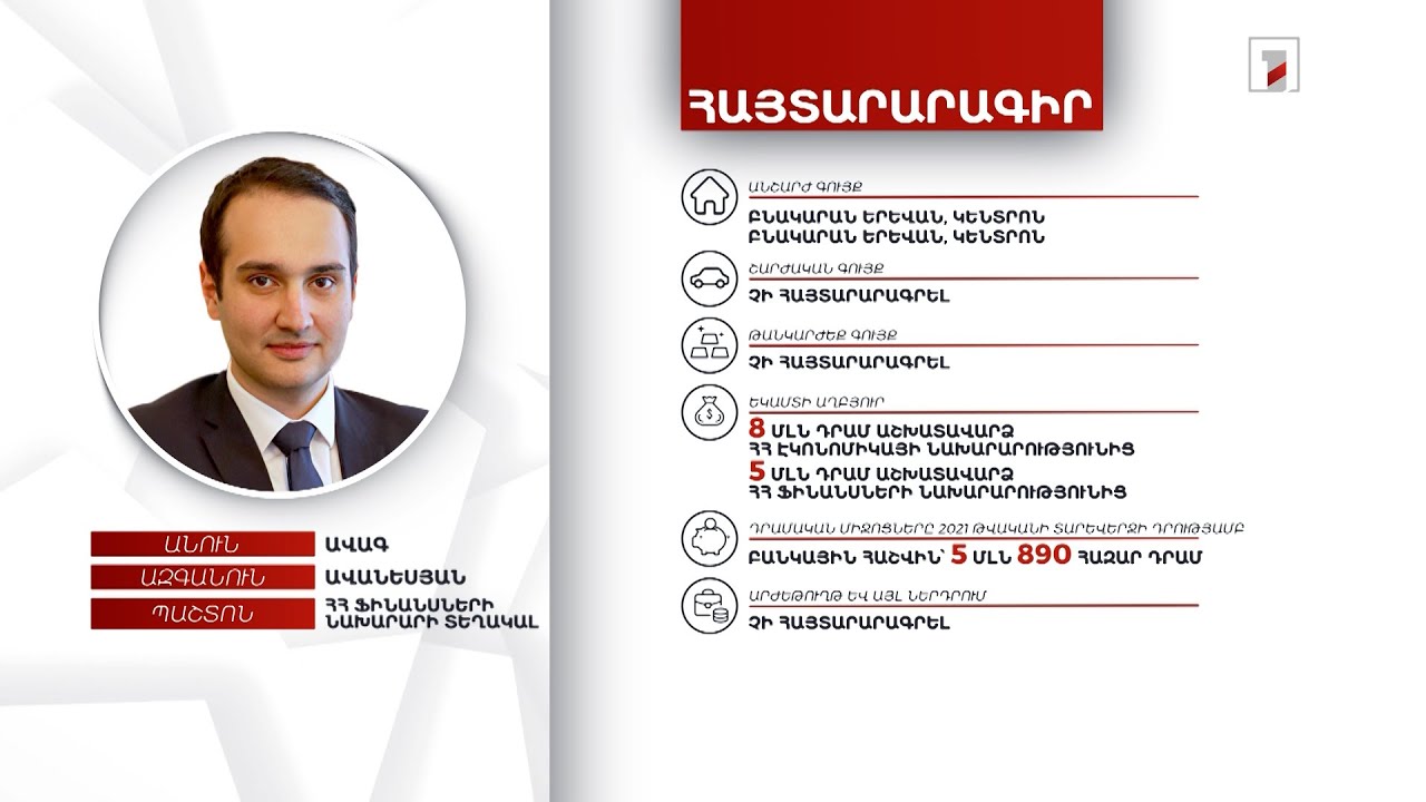 2 անշարժ գույք, 5 մլն 890 հազար դրամ. ՀՀ ֆինանսների նախարարի տեղակալ Ավագ Ավանեսյանի հայտարարագիրը