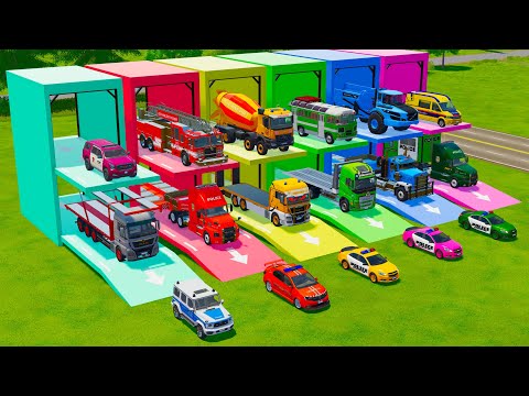 TRANSPORTING FIRE ENGINE AND EMERGENCY VEHICLES, DUMP TRUCK, POLICE CARS, MINIBUS TO GARAGE - FS22