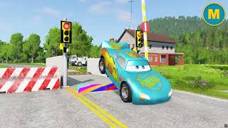 Flatbed Trailer McQueen Transportation with Truck - Speedbumps vs Cars vs Train - Beam
