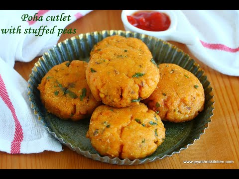 Poha cutlet recipe, stuffed with peas - Non deep fried cutlet recipe