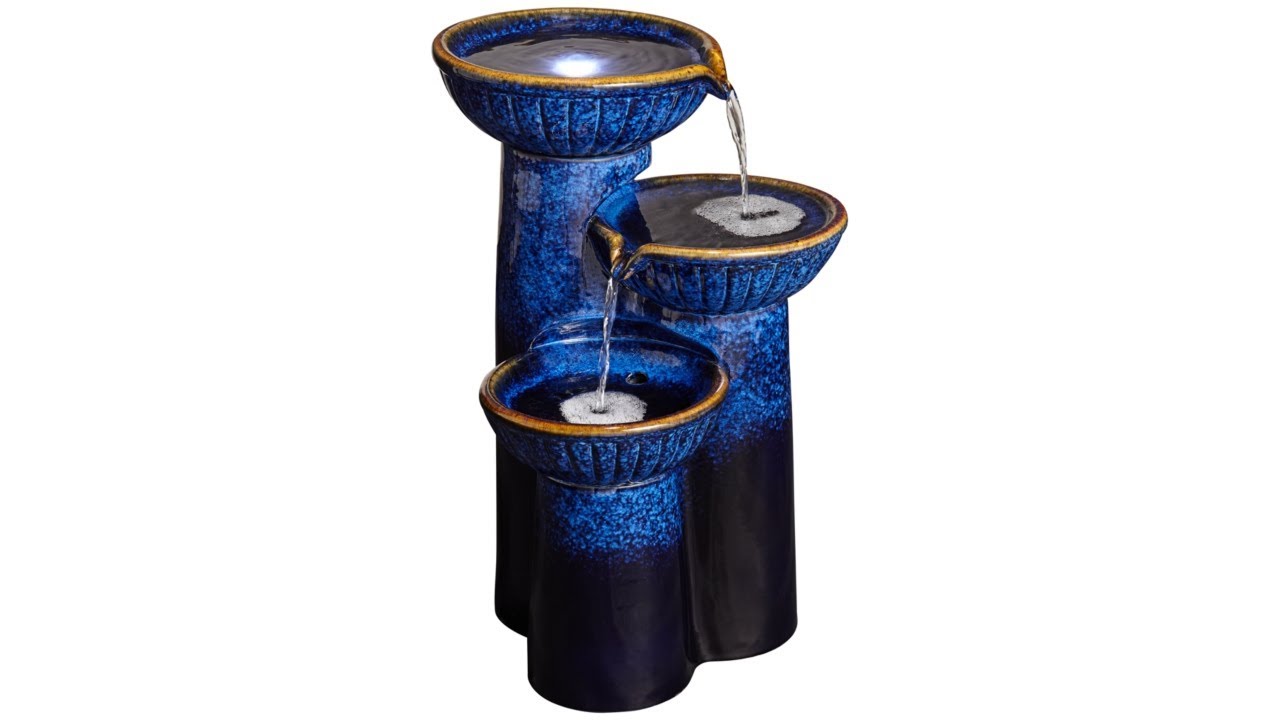 Video 1 3-Bowl Ceramic Blue Cobalt LED Fountain