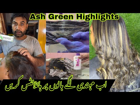 Ash green Highlights with base colour | Ash Green Highlights hina treated  | Ash Blonde Highlights
