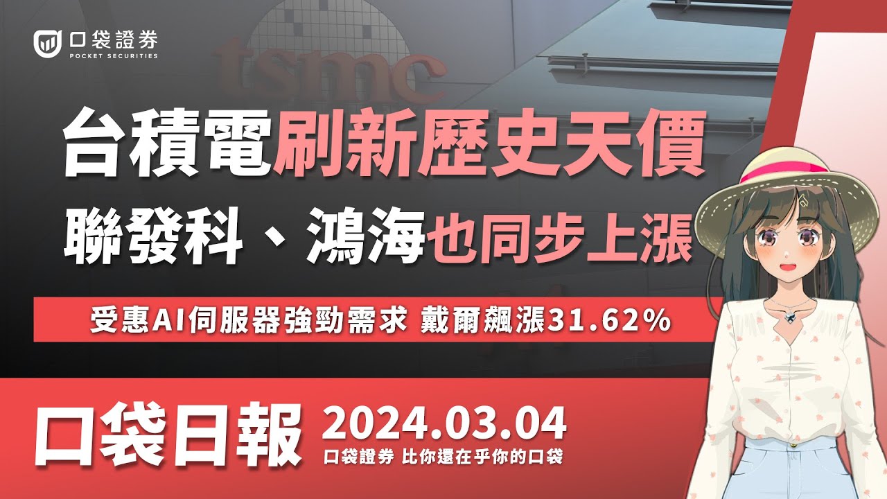 【口袋日報】台積電刷新歷史天價,聯發科、鴻海也同步上漲,受惠AI伺服器強勁需求,戴爾飆漲31.62%!2024.03.04