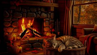 🐾 Cozy Purring Cat ASMR 🔥Crackling Fireplace & Autumn Rain Sounds for Sleep, Relax, Study💤