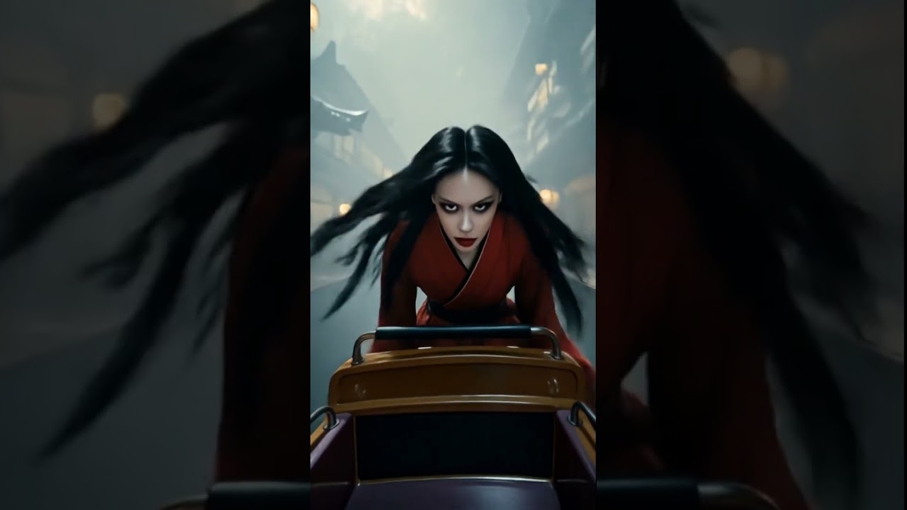 赤い服を着た恐ろしい女の幽霊から逃げるジェットコースター！