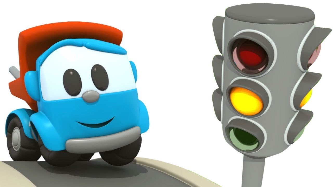 Léo o caminhão curioso. Um semáforo.  Desenho animado de carros.