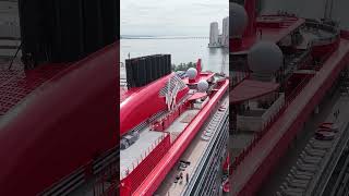 Epic Drone shot Exhaust Stacks on Brilliant Lady Virgin Voyages Cruise docked Port Miami Oct 16 2025