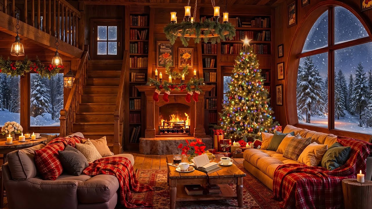 Winter Night in Cozy Reading Nook with Soft Jazz Music & Fireplace Sounds for Relaxation ❄️