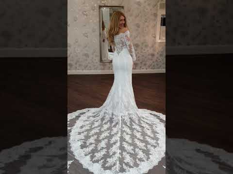 Amazing long train lace wedding dress try on. Eternity...