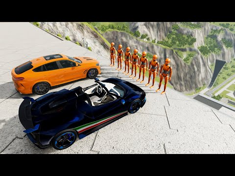 Expensive Cars Stairs Jumps Down With Crash Test Dummy - BeamNG.drive Down Stairs Jumps Slow Motion