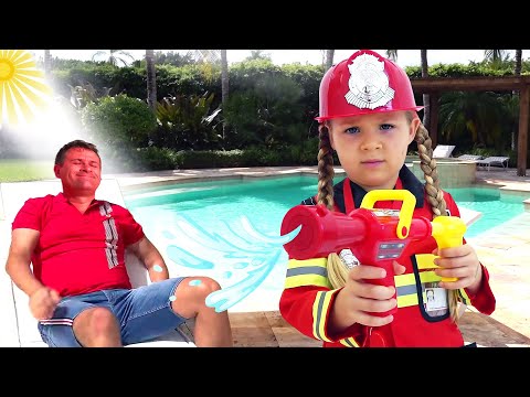 Dina pretends to be a fireman and helps her dad