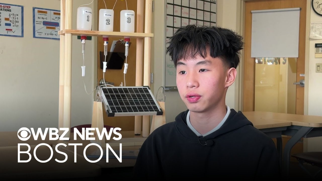 Jason Chang, 7th grader from Worcester, demonstrating his gravity-powered solar panel tracker built from recycled parts for under $25