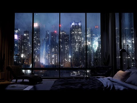 A Luxury NYC Apartment With An Amazing View Of Manhattan | Wind & Rain Sounds For Sleeping | 4K