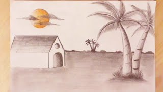 رسم منظر طبيعي سهل رسم الغروب بالألوان الخشبية للمبتدئين / رسم سهل 