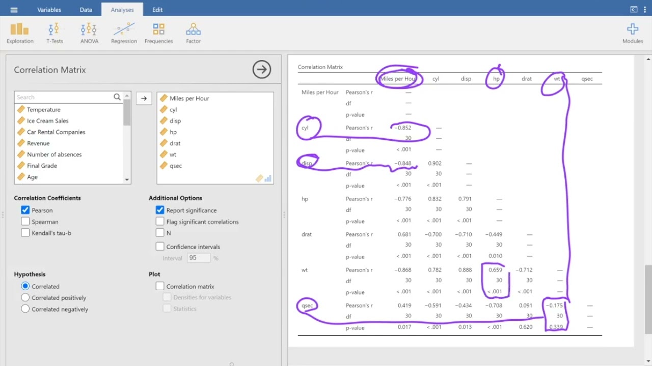 Correlation Matrix in Jamovi