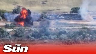 Ukrainian forces target a Russian line of trenches and camouflaged dugouts