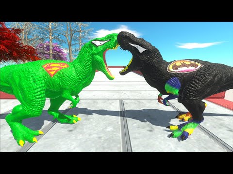 GREEN SUPERMAN T-REX VS BATMAN T-REX DEATH RUN - Animal Revolt Battle Simulator