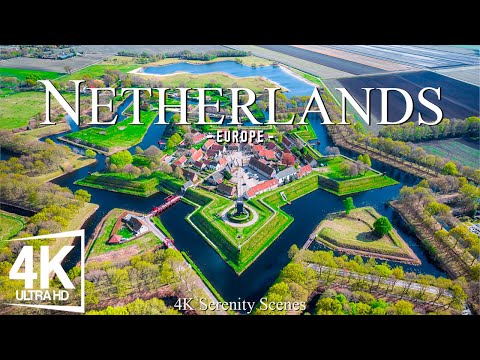 Flying Over Netherlands 4K • Scenic Canals and Vibrant Tulip Fields With Relaxing Melodies
