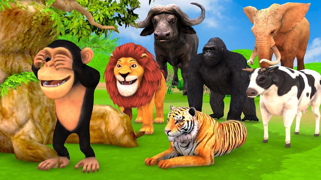 Hide and Seek Game With Cow Mammoth Elephant Tiger Lion Gorilla Dinosaur Wild Animals Escape Game