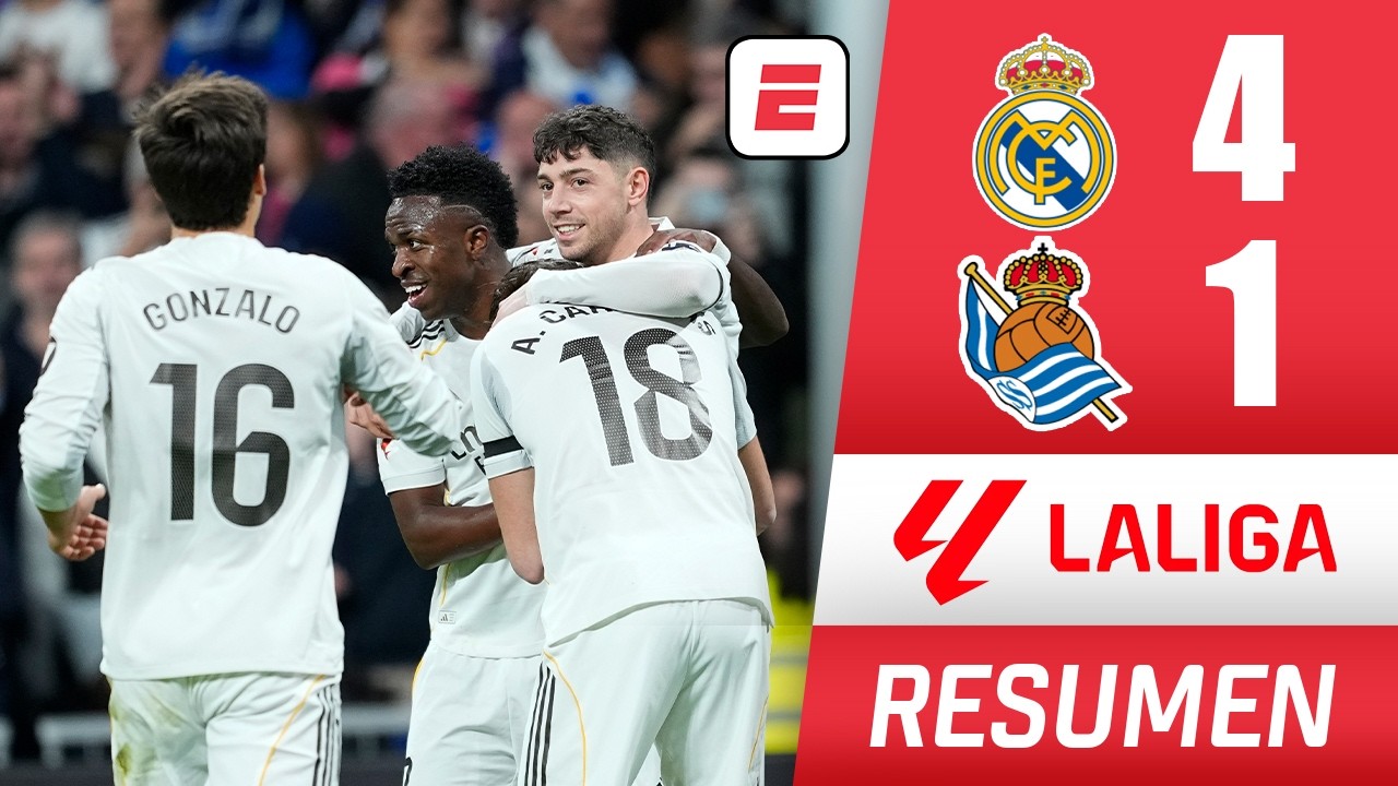 Real Madrid se hizo grande en casa, goleó a Real Sociedad y duerme líder. Doblete de Vini | La Liga