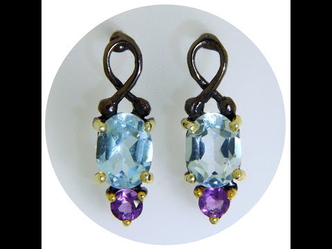 Cercei Stud Argint 925 Rodiu Negru Accente Aurite Topaz Ametist Naturale - Contrast si Rafinament