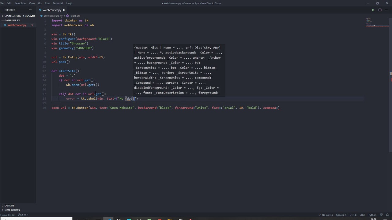 How to make a webbrowser in python tkinter?