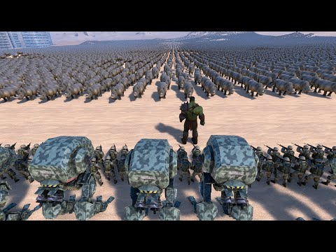 Hulk, Modern Soldiers, Mech Walker Try to Stop 46,000 Rhinos - Ultimate Epic Battle Simulator