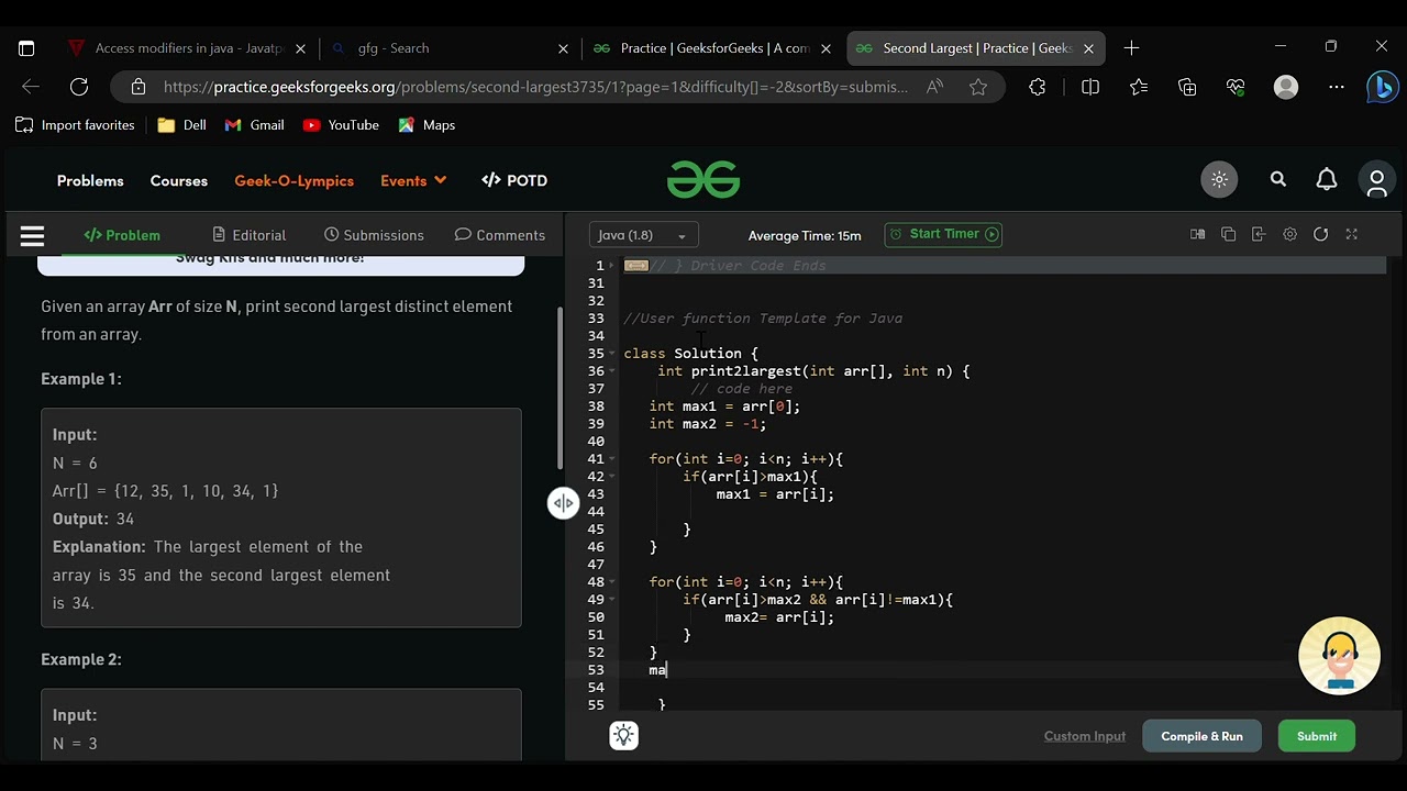Java Second Largest Element of An Array Practice. | GeeksforGeeks.