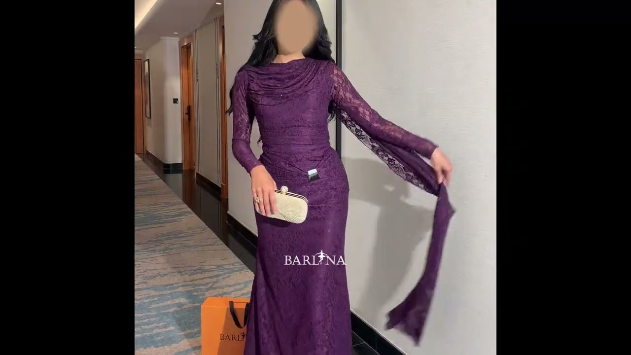 فستان دانتيل بنفسجي أنيق بشال منسدل - 3XL
