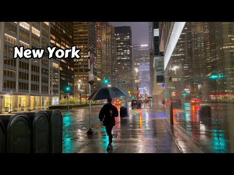 Rainy Night Walk In New York - Relaxing Rain Walking Tour 4k