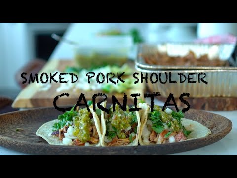 Smoked Pork Shoulder Carnitas, on Traeger Grill. How to & Step-by-Step, with Smoked Tomatillo Salsa.