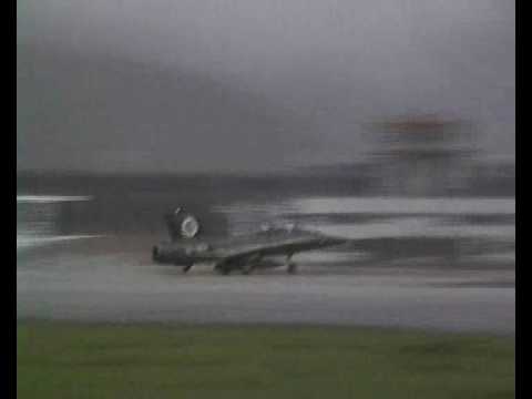 Danish Airforce SAAB Draken taking off in wet conditions at Værnes airshow 1996