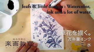インク水彩。草花を描く。【leafs & little flowers】: Watercolor, ink and a lot of water.