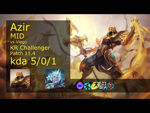 Azir Mid vs Viego - KR Challenger 5/0/1 Patch 11.4 Gameplay // [롤] 아지르 vs 비에고 미드