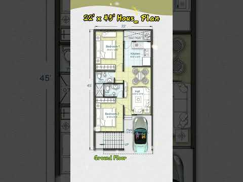 22’× 45’ House Plan, 22 by 45 Home Plan, 22*45 House Design with Car Parking, 2BHK #houseplan
