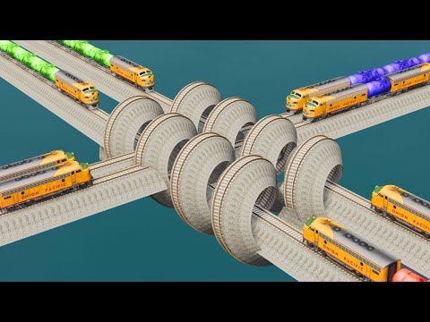 Impossible Double Spiral Funnel Rail Tracks Vs Train Intersecting Vs Train Crossing  - BeamNG.Drive