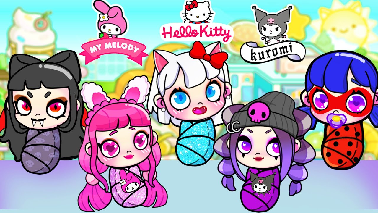 Quintuplas separadas no nascimento: MELODY, KUROMI, BARBIE e KITTY | Toca Life Story | Toca Boca