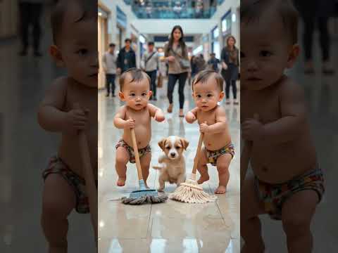 Twin Babies & Puppy Clean the Mall! 😂 Cutest Dance While Mopping | Funny Baby Video 2025.