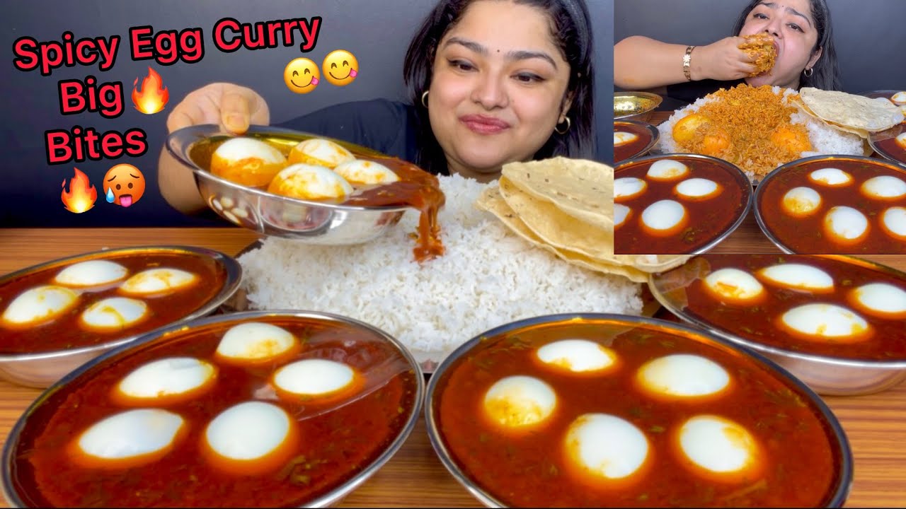 SPICY LAL LAL EGG CURRY WITH BASMATI RICE AND PAPAD | BIG BITES | INDIAN MUKBANG