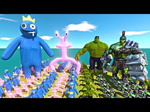Rainbow Friends Blue + Pink vs Hulk + Hulk Warrior - Animal Revolt Battle Simulator