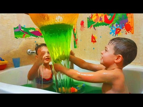 Slime Baff bath for kids. Funny challenge. Kids playing with toys. 