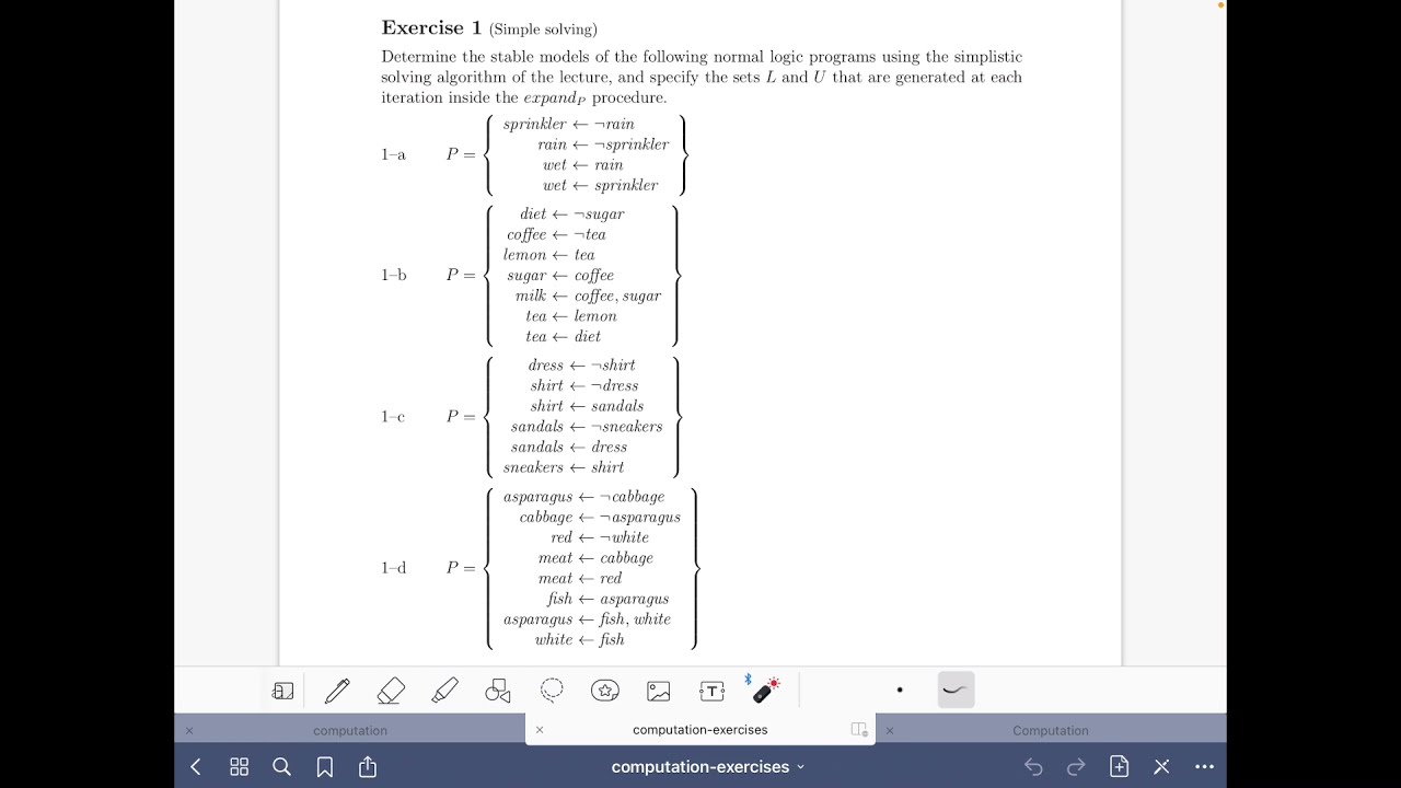 Answer set solving in practice, computational aspects, exercise 1-start