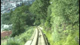 preview picture of video 'Fløibanen railway to the top of Fløyen mountain overlooking Bergen'