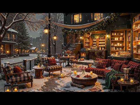 Snowfall at Street Winter Coffee Shop Ambience  ❄️ Warm Jazz Music & Crackling Fireplace to Relax