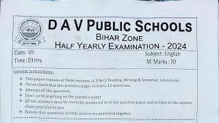 DAV Class 7 English Half Yearly Question paper 2024-2025, DAV class 7 English question Paper.