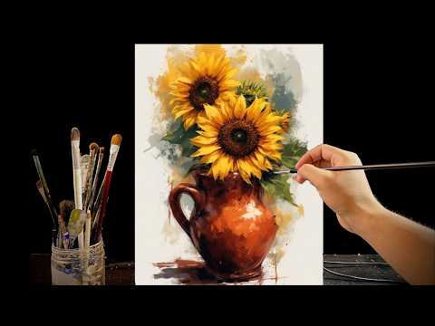 🎨 Painting Sunflowers in a Rustic Vase | Relaxing Acrylic Still Life Tutorial | #160