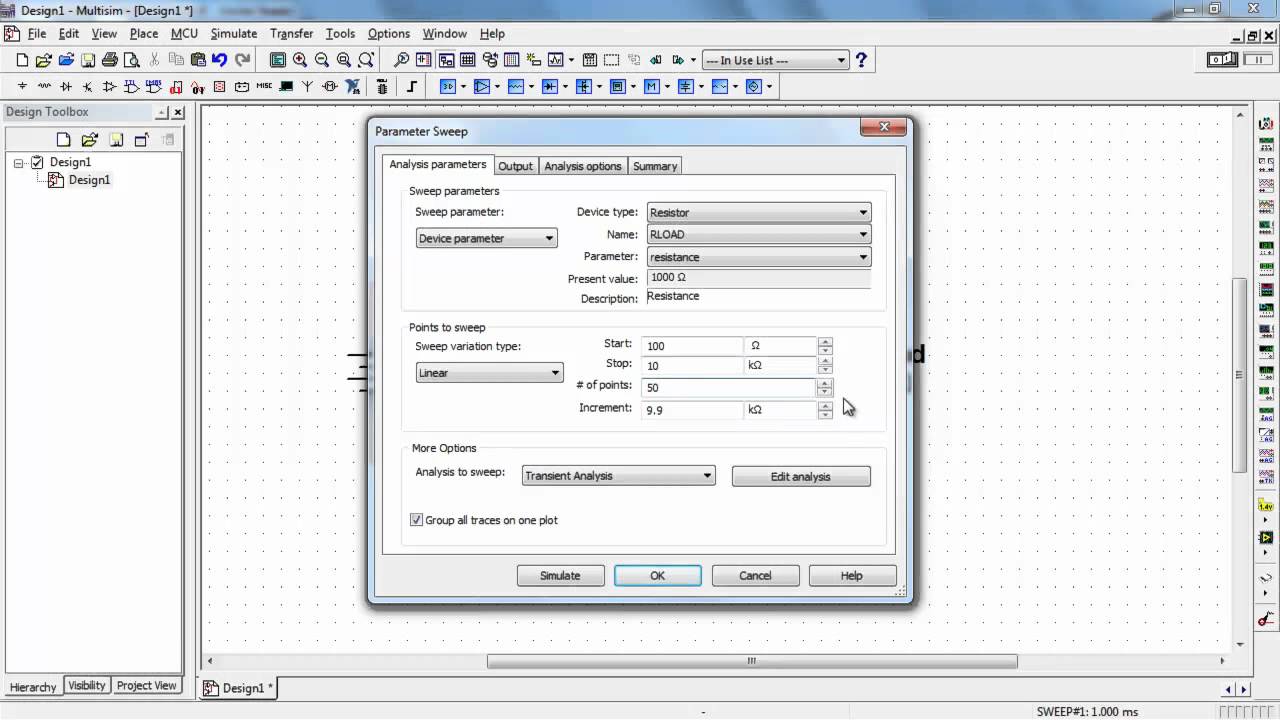 NI Multisim: Use a Parameter Sweep analysis to plot resistor power as a function of resistance